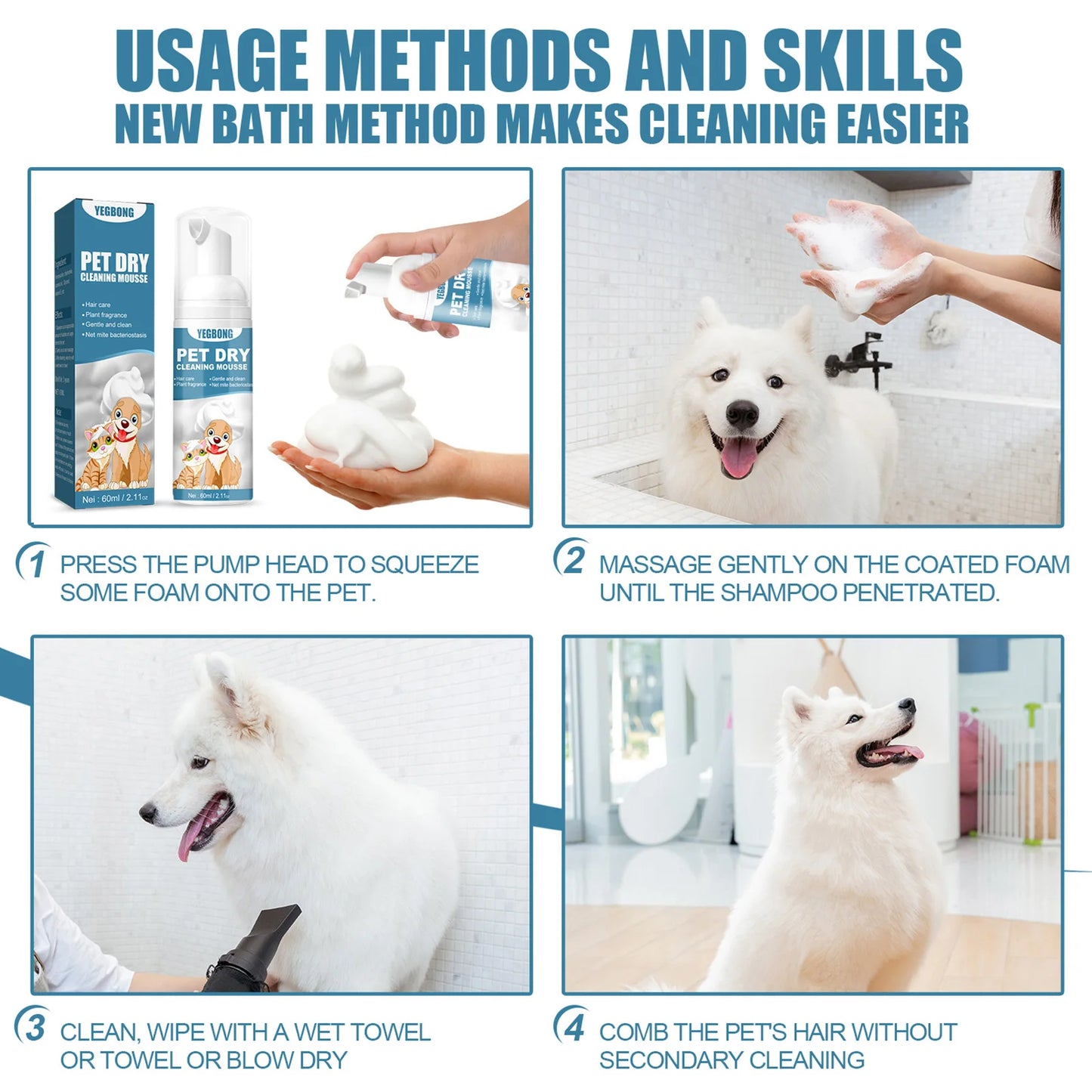 60ml Cat Dogs Dry Shampoo Cleaning Mousse: Rinse-Free Freshness for Your Pets