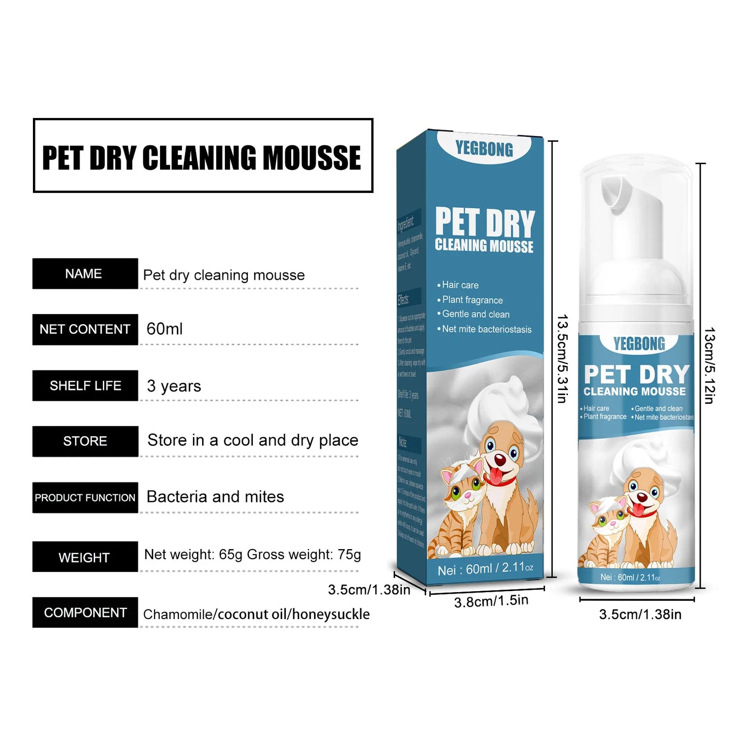60ml Cat Dogs Dry Shampoo Cleaning Mousse: Rinse-Free Freshness for Your Pets